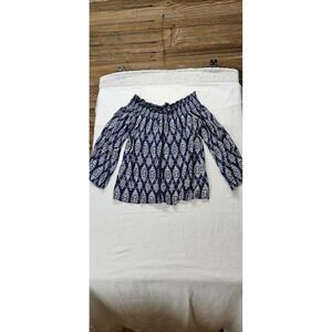 Society Girl Womens Navy Blue White Damask Smocked Off Shoulder Blouse‎ Size M